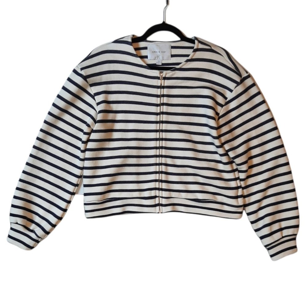 Amour Vert Cream & Navy Striped Organic Cotton Full Zip Jacket L